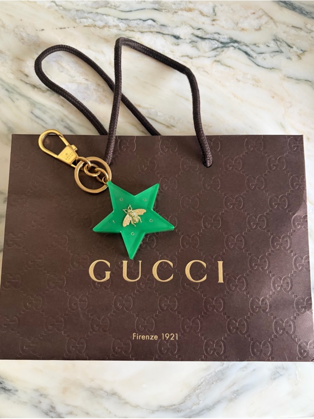 Gucci Green Star Bee Charm Keyring with Gold Hardware